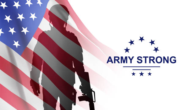 istock Silhouette of a solider on a background with USA flag. USA Armed Forces 1445345940
