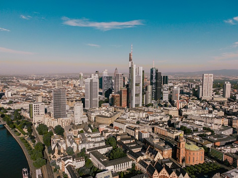 An aerial shot of skyscrapers in Frankfurt Germany with a cityscape and skyline
