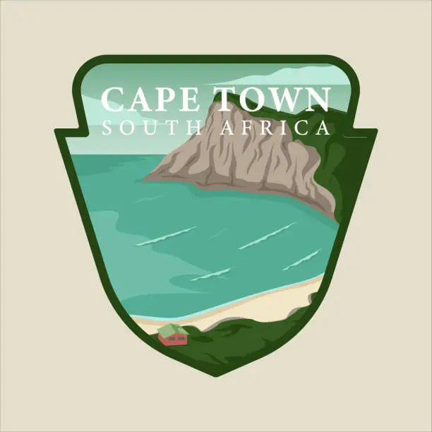 Vector illustration of cape town beach emblem vector illustration template graphic design. famous south africa island landscaped view with badge label for business travel or adventure leisure concept