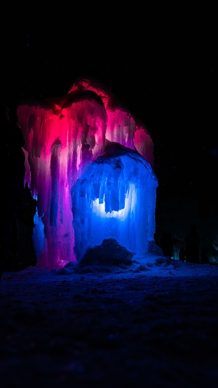 The blue and pink ice inside a cave