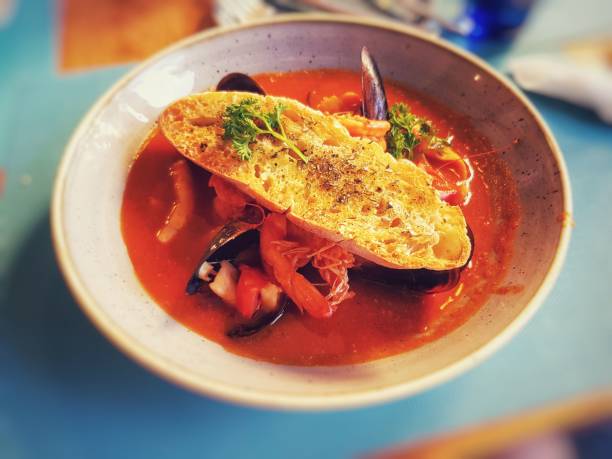 Selective focus shot of Seafood soup in Cape Town, South Africa