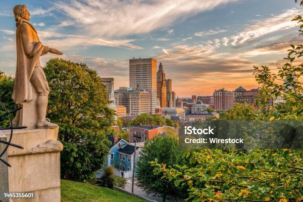 Roger Williams Statue And A Providence Cityscape Rhode Island Usa Stock Photo - Download Image Now