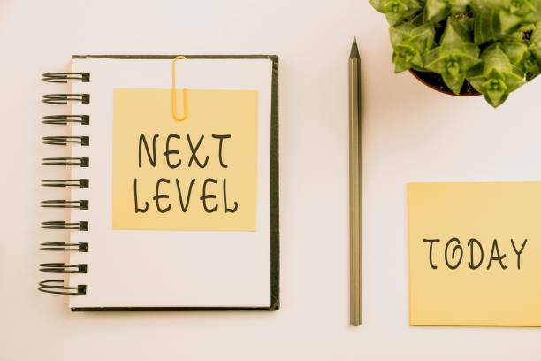istock Overhead illustration of a plant, a note, a pencil and a notebook with next level text on it 1445355806