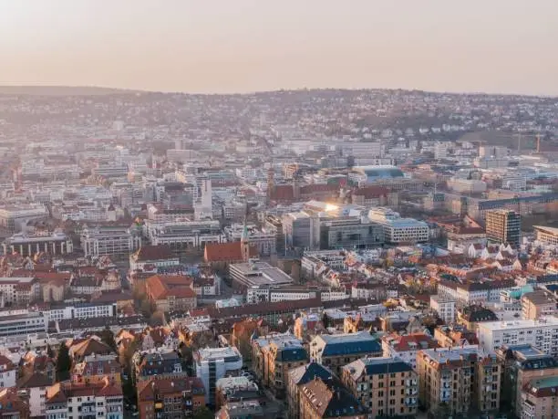 A cityscape of central Stuttgart, Germany during sunset. Aerial view.