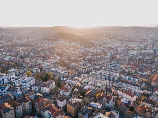 istock Cityscape of central Stuttgart, Germany during sunset. Aerial view. 1445359081