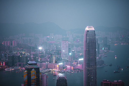Aerial view of Hong Kong city at night.