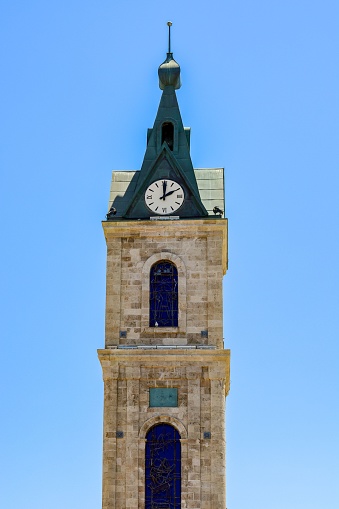 – June 15, 2016: A beautiful view of The Jaffa Clock Tower under the blue sky