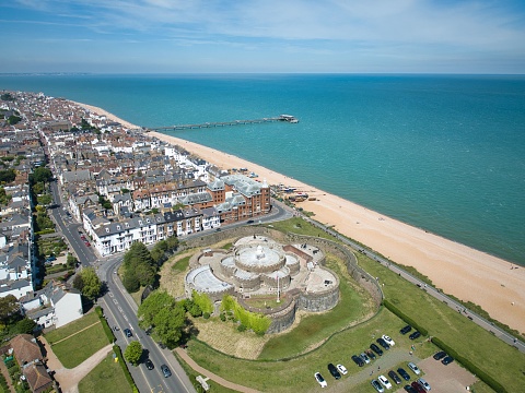An aerial view of the Deal Castle with Deal Pier in the background, Kent, England