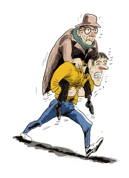 Vector illustration of Young boy carrying the old man on his back