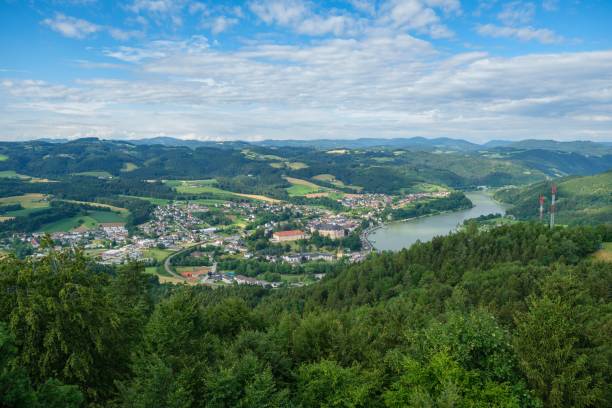 Scenic shot of the district of Grein in Austria from the Schlosserweg hiking trail A scenic shot of the district of Grein in Austria from the Schlosserweg hiking trail grein austria stock pictures, royalty-free photos & images