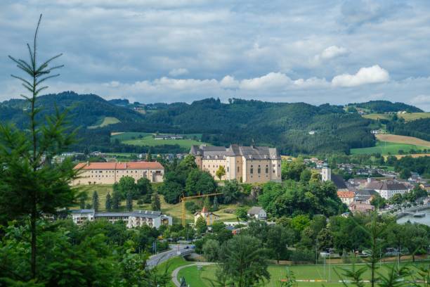 Scenic shot of the district of Grein in Austria from the Schlosserweg hiking trail A scenic shot of the district of Grein in Austria from the Schlosserweg hiking trail grein austria stock pictures, royalty-free photos & images