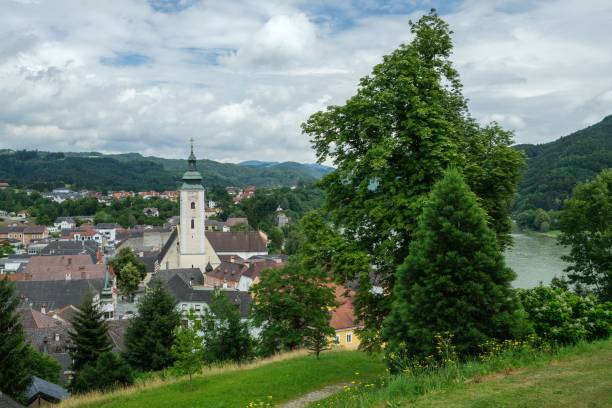 Scenic shot of the district of Grein and the Danube river in Austria A scenic shot of the district of Grein and the Danube river in Austria grein austria stock pictures, royalty-free photos & images