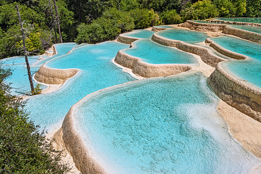 View of the Pools of Immortals natural pools near Jiuzhaigou National Park in Sichuan province, China