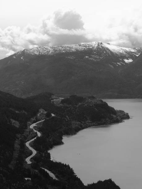 istock Vertical grayscale shot of mountains next to a reserve. 1445365584