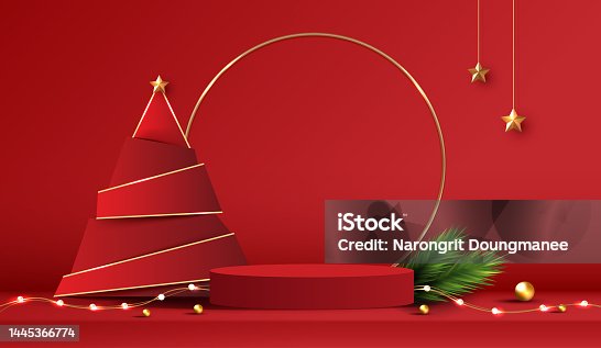istock Podium shape for show cosmetic product display for Christmas day or New Years. Stand product showcase on red background with tree christmas. vector design. 1445366774