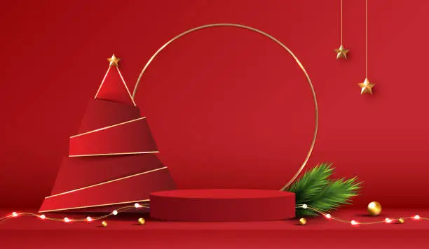 Vector illustration of Podium shape for show cosmetic product display for Christmas day or New Years. Stand product showcase on red background with tree christmas. vector design.