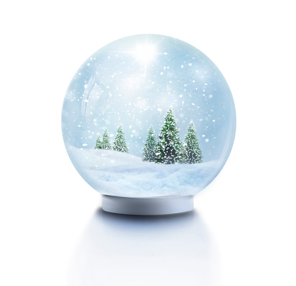 Snow globe with snowflakes and Christmas tree isolated