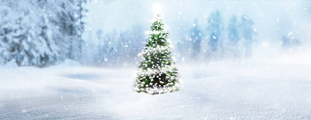 istock Bright Shining christmas tree in a snowy winter forest 1445369323