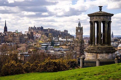 A beautiful view of Edinburgh, Scotland from Calton Hill with the Dugald Stewart monument