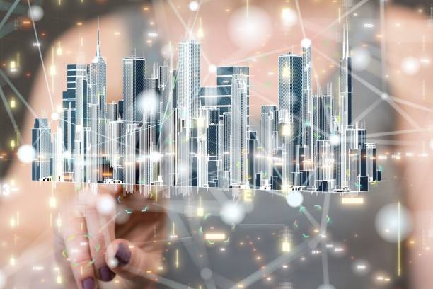 istock Female tapping on a hovering 3D render of a modern city 1445369413
