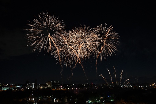 A beautiful view of golden fireworks in the night sky