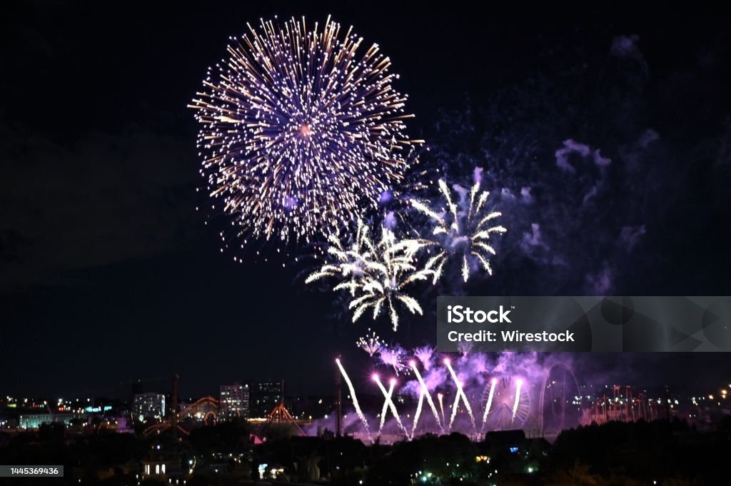 Beautiful view of purple fireworks in the night sky A beautiful view of purple fireworks in the night sky Awe Stock Photo