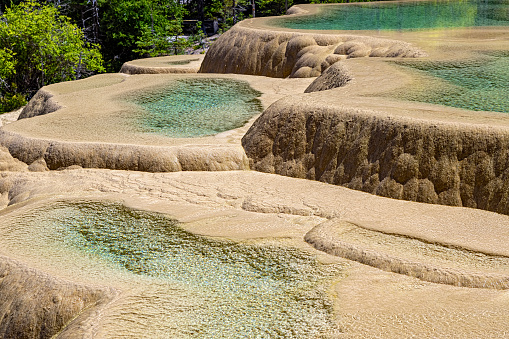 Closeup view of The Pools of Immortals, natural pools near Jiuzhaigou National Park in Sichuan province, China