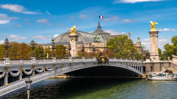 paris, a ponte alexandre iii - paris france panoramic seine river bridge - fotografias e filmes do acervo