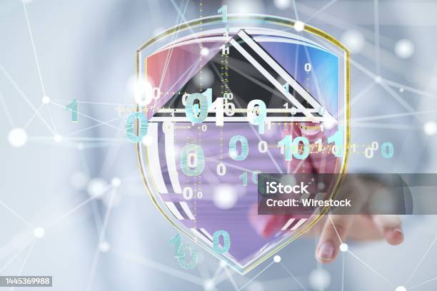 Hand Tapping On A 3d Rendering Of A Shield Of A Binary Code Stock Photo - Download Image Now