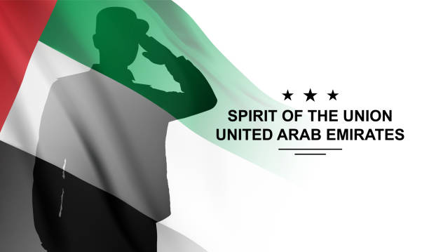 illustrations, cliparts, dessins animés et icônes de silhouette de soldat saluant avec le drapeau des émirats arabes unis sur fond blanc. forces armées des émirats arabes unis - saluting veteran armed forces military