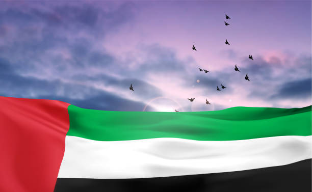 istock UAE flag on background of cloudy sunset or sunrise. Background for National Day 1445371959
