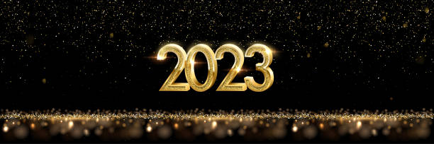istock Happy New Year banner vector template. Winter holiday, Christmas congratulations. Festive postcard, luxurious greeting card concept. Gold 2023 number with golden glitter illustration with text space 1445373121