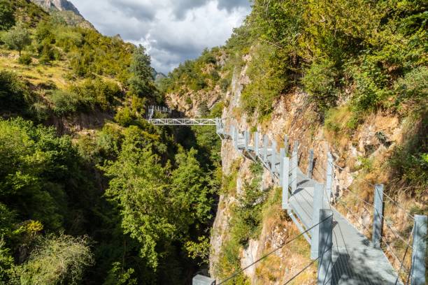 istock Metallic footbridge connected to mountains 1445373646