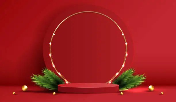Vector illustration of Podium shape for show cosmetic product display for Christmas day or New Years. Stand product showcase on red background with tree christmas. vector design.