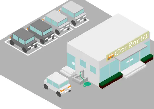 Vector illustration of Isometric car rental shop