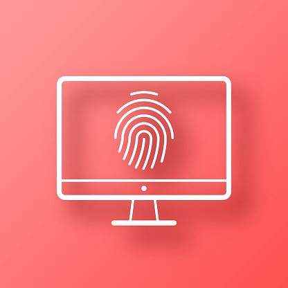 istock Desktop computer with fingerprint. Icon on Red background with shadow 1445375692