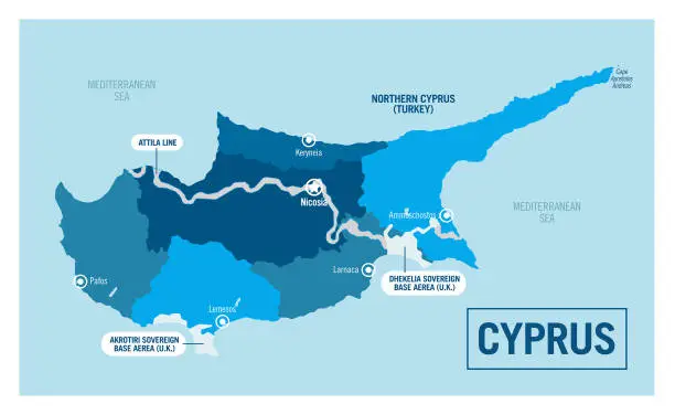 Vector illustration of Cyprus country island, regions political map. High detailed vector illustration with isolated provinces, departments, regions, cities and states easy to ungroup.