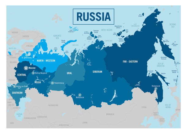 ilustrações, clipart, desenhos animados e ícones de mapa político do país da rússia. ilustração vetorial detalhada com províncias, departamentos, regiões, condados, cidades, ilhas e estados isolados fáceis de desagrupar. - montes urales