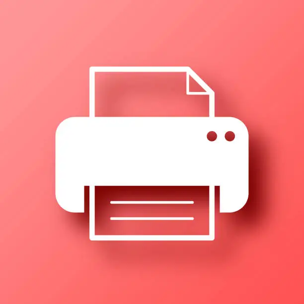 Vector illustration of Printer. Icon on Red background with shadow