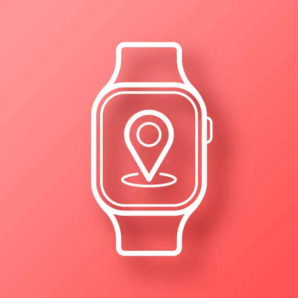 Vector illustration of Smartwatch with location pin. Icon on Red background with shadow