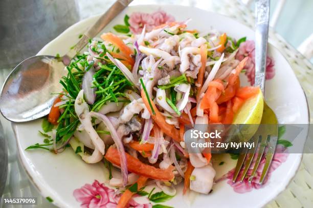 Myanmar Or Burmese Spicy Squid Salad Favorite Food Of Chaungtha Stock Photo - Download Image Now