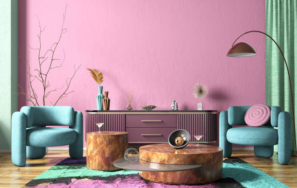 Interior of modern living room with purple sideboard over pink stucco wall. Contemporary room with dresser and coffee tables and blue armchairs. 3d rendering Interior of modern living room with purple sideboard over pink stucco wall. Contemporary room with dresser and coffee tables and blue armchairs. Home design. 3d rendering art deco vase stock pictures, royalty-free photos & images