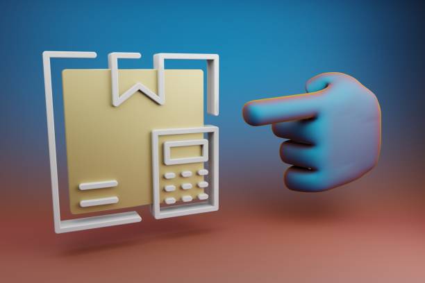istock Beautiful illustrations abstract Hand index finger points to Delivery Box Calculator symbol icon on a multicolor bright background. 3d rendering illustration. Background pattern for design. 1445380378