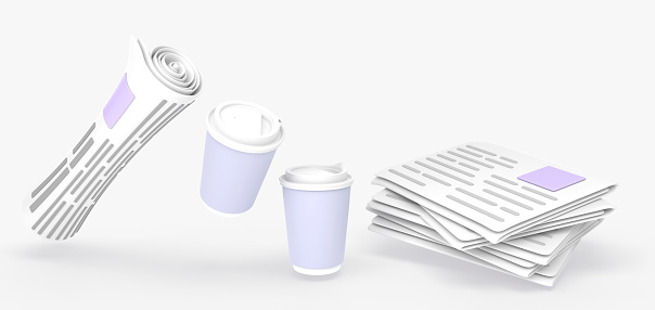 Stack of newspapers, rolled magazine and morning coffee cups 3d render. News paper, world press, daily publication with disposable mugs for takeaway drinks. Isolated cartoon icons set, 3D illustration