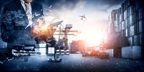 istock Global business of Container Cargo freight train for Smart business logistics and transportation concept, Air cargo trucking, Rail transportation and maritime shipping, Online goods orders worldwide 1445383512