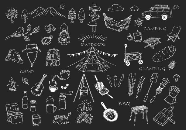 outdoor camping glamping tablica art style ilustracje zestaw ilustracji - tablica obrazy stock illustrations