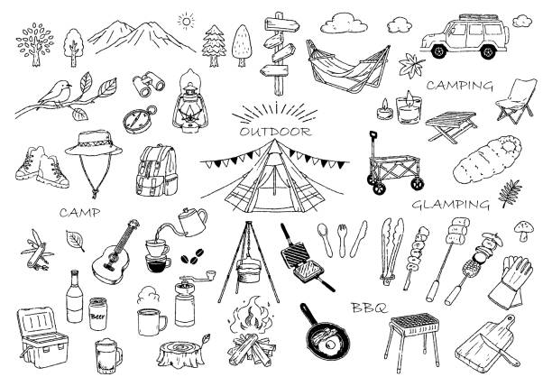 outdoor camping glamping line drawing illustration set outdoor camping glamping line drawing illustration set table moutain stock illustrations