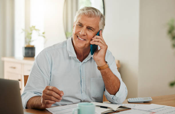 Happy elderly man with phone call, laptop or communication for home budget, consulting financial advisor or planning savings in living room. Investment or insurance with mobile or smartphone admin Happy elderly man with phone call, laptop or communication for home budget, consulting financial advisor or planning savings in living room. Investment or insurance with mobile or smartphone admin old rich white guy stock pictures, royalty-free photos & images