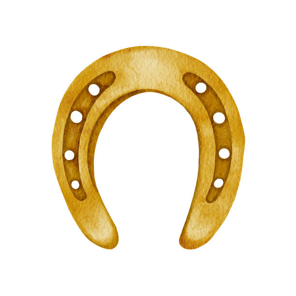 金色の水彩蹄鉄。幸運のためのお守り。聖パトリックの日の装飾。白い背景にデザインエレメント - horseshoe rusty isolated luck点のイラスト素材／クリップアート素材／マンガ素材／アイコン素材