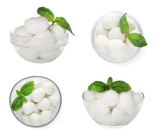 istock Set with tasty mozzarella on white background 1445388844